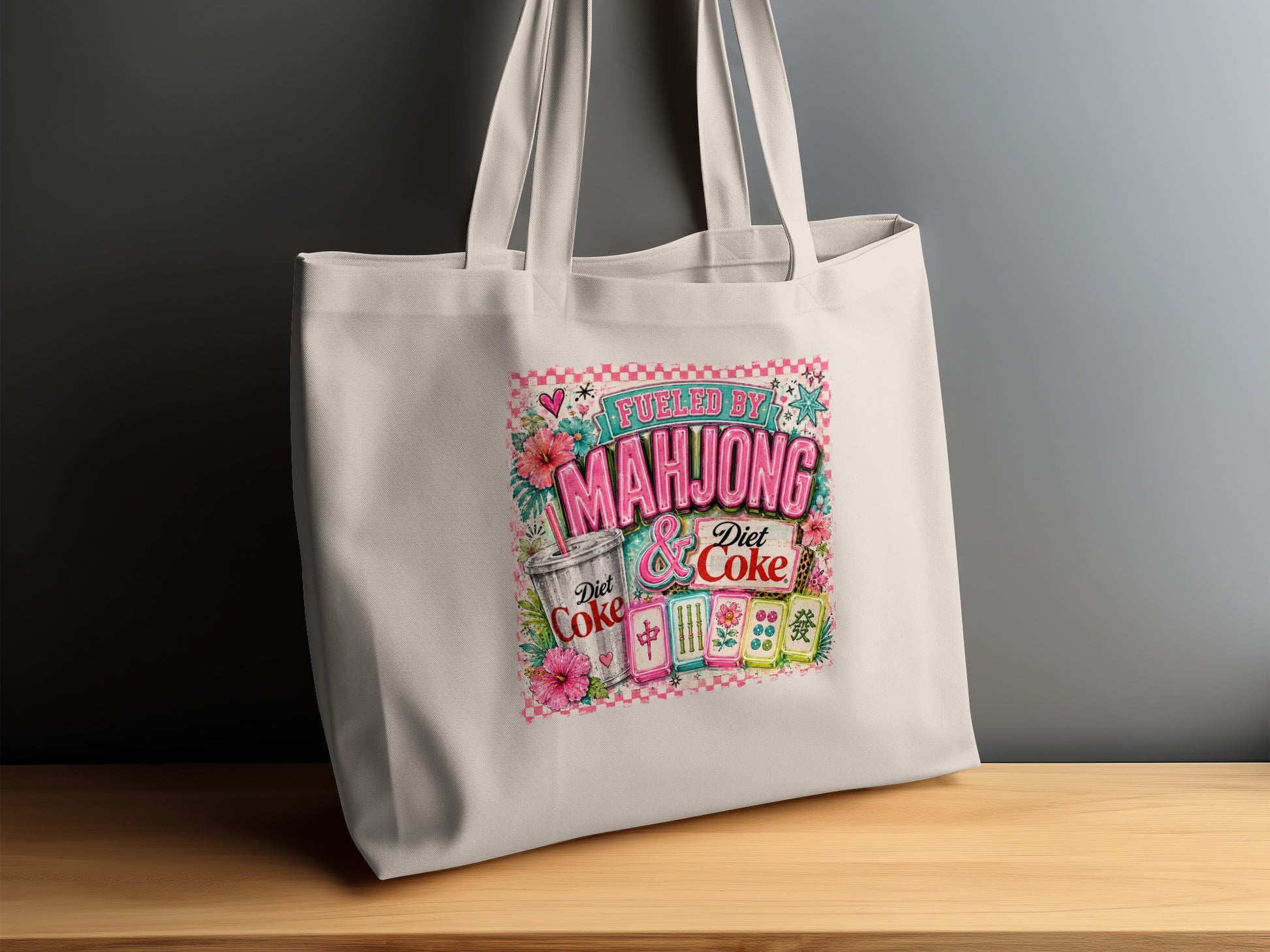 Tote bag with "Fueled by Mahjong & Diet Coke" graphic featuring mahjong tiles.