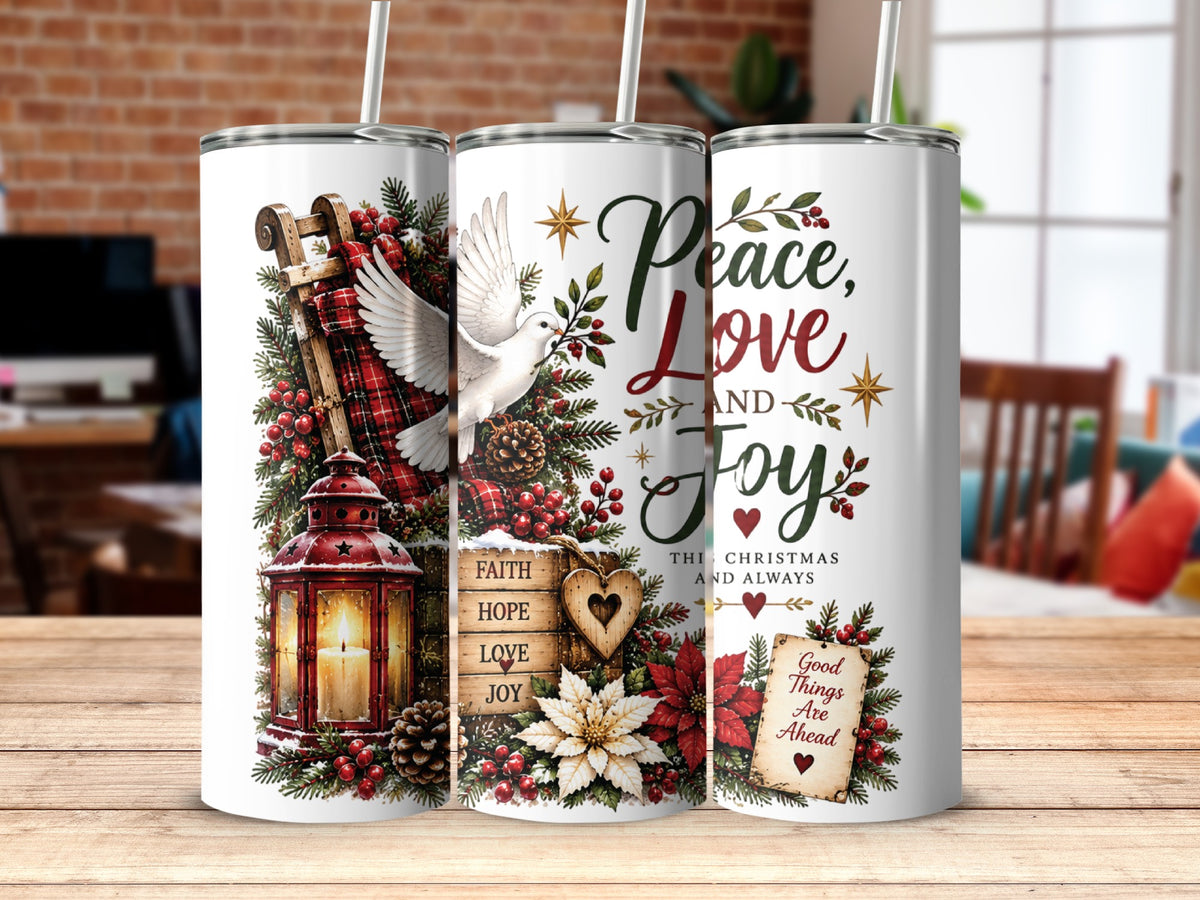 Three tall white tumblers display Christmas designs featuring doves, sleds, red lanterns, and holiday text.