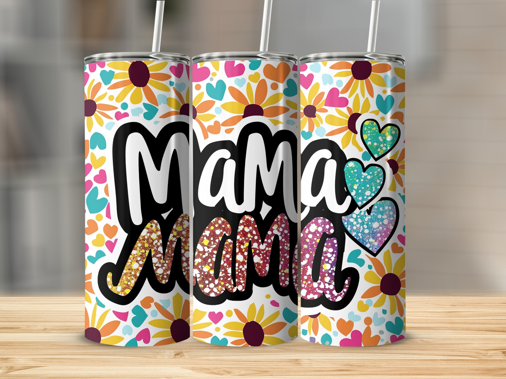 Colorful 'Mama' Hearts and Flowers Tumbler