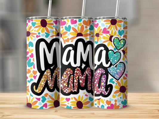 Colorful 'Mama' Hearts and Flowers Tumbler