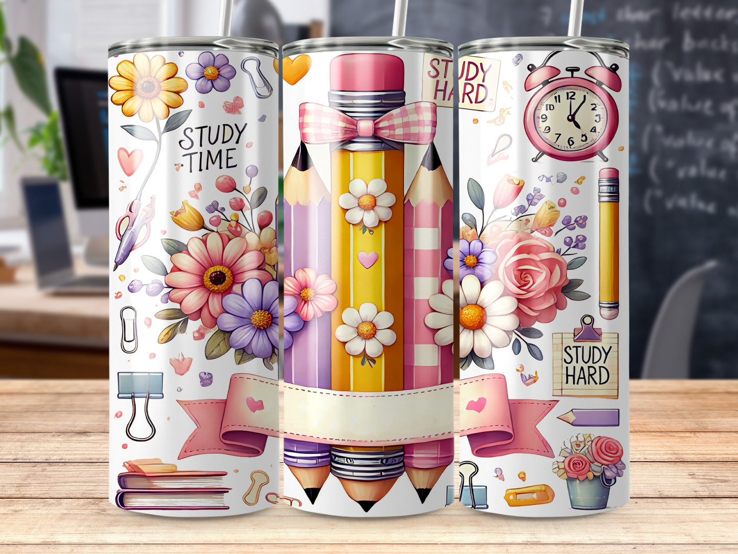 Pencils, flowers, and clocks with "Study Time" and "Study Hard" text.