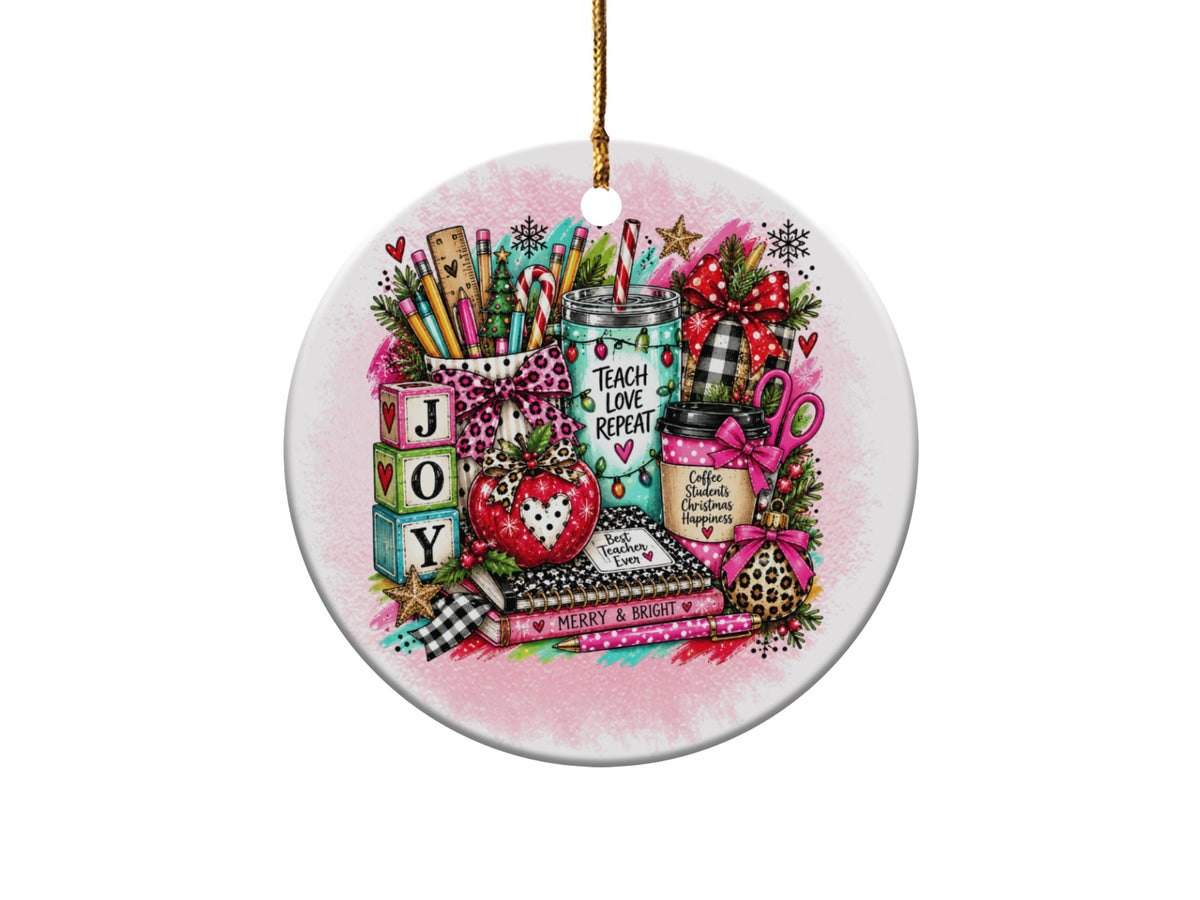 Round ceramic ornament with "Teach Love Repeat" and teacher-themed art.