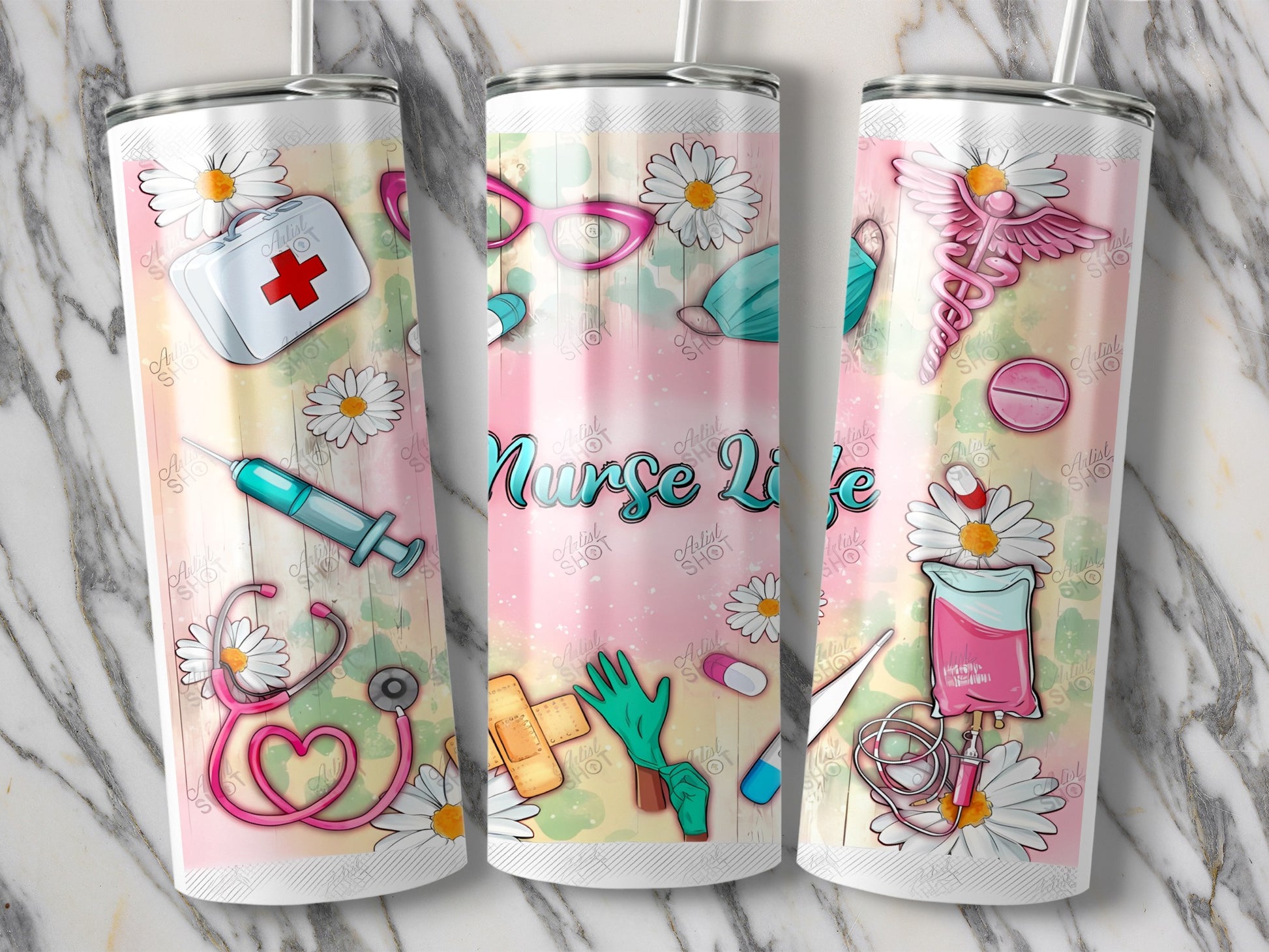 Three tumblers with medical icons and "Nurse Life" text.