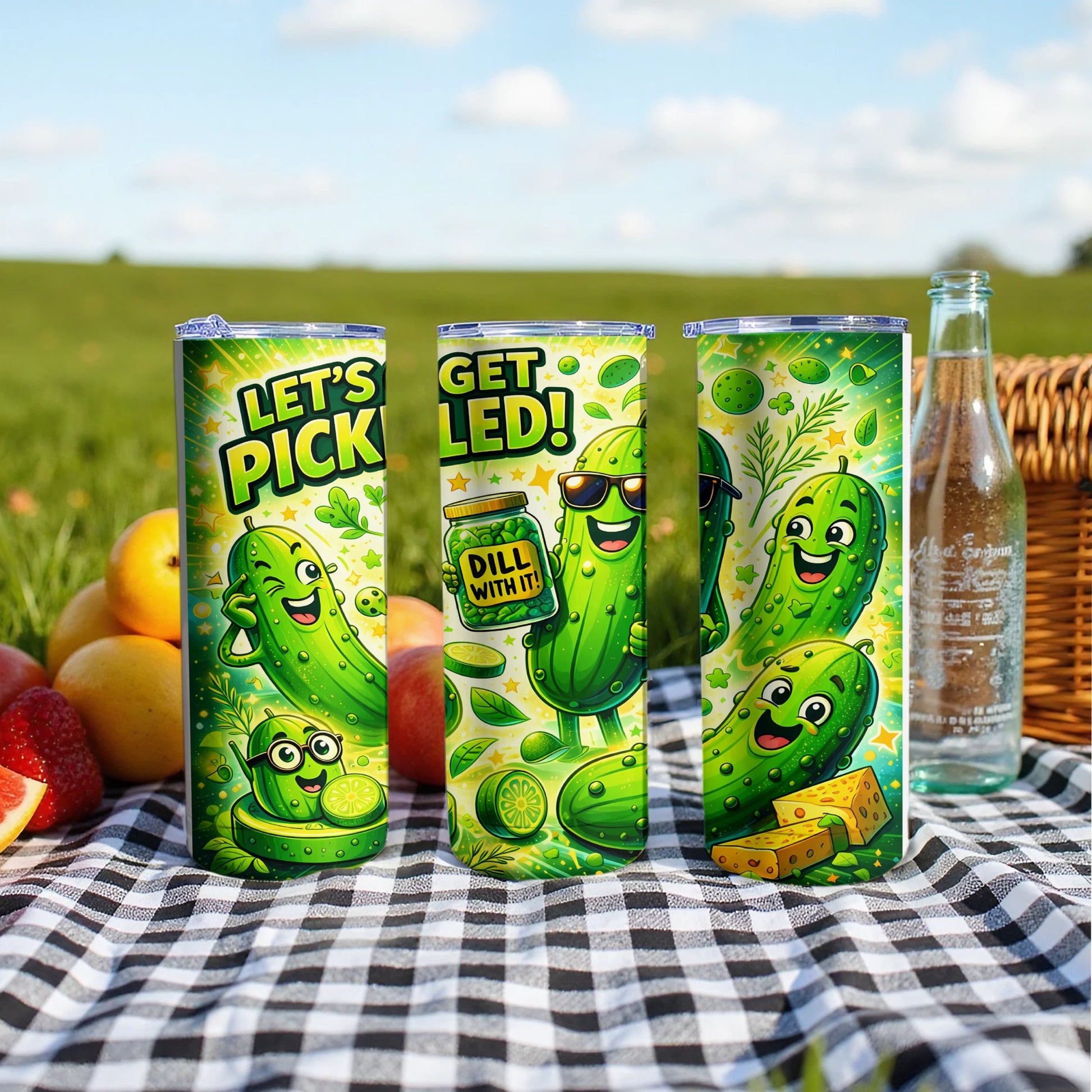 Three cartoon pickle tumblers with "Let's Pick" and "Dill With It" text on a checkered blanket.