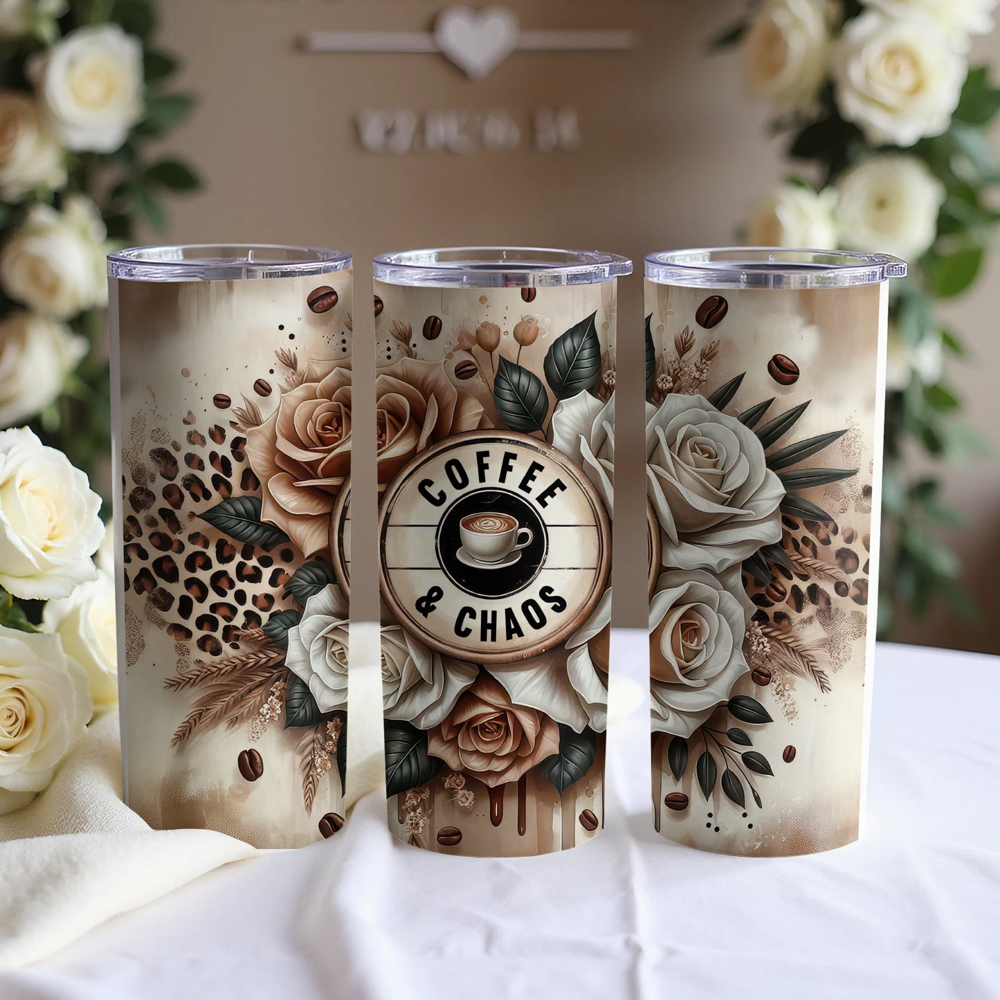 Coffee and Chaos tumbler with floral and leopard print design.