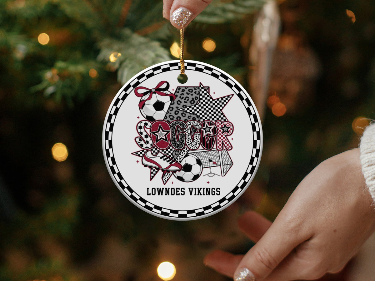 Round Lowndes Vikings soccer ornament with team name and soccer graphics.