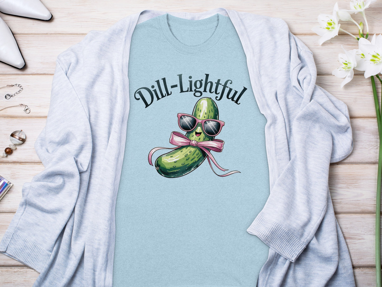 T-shirt with cartoon pickle wearing sunglasses and text "Dill-Lightful."