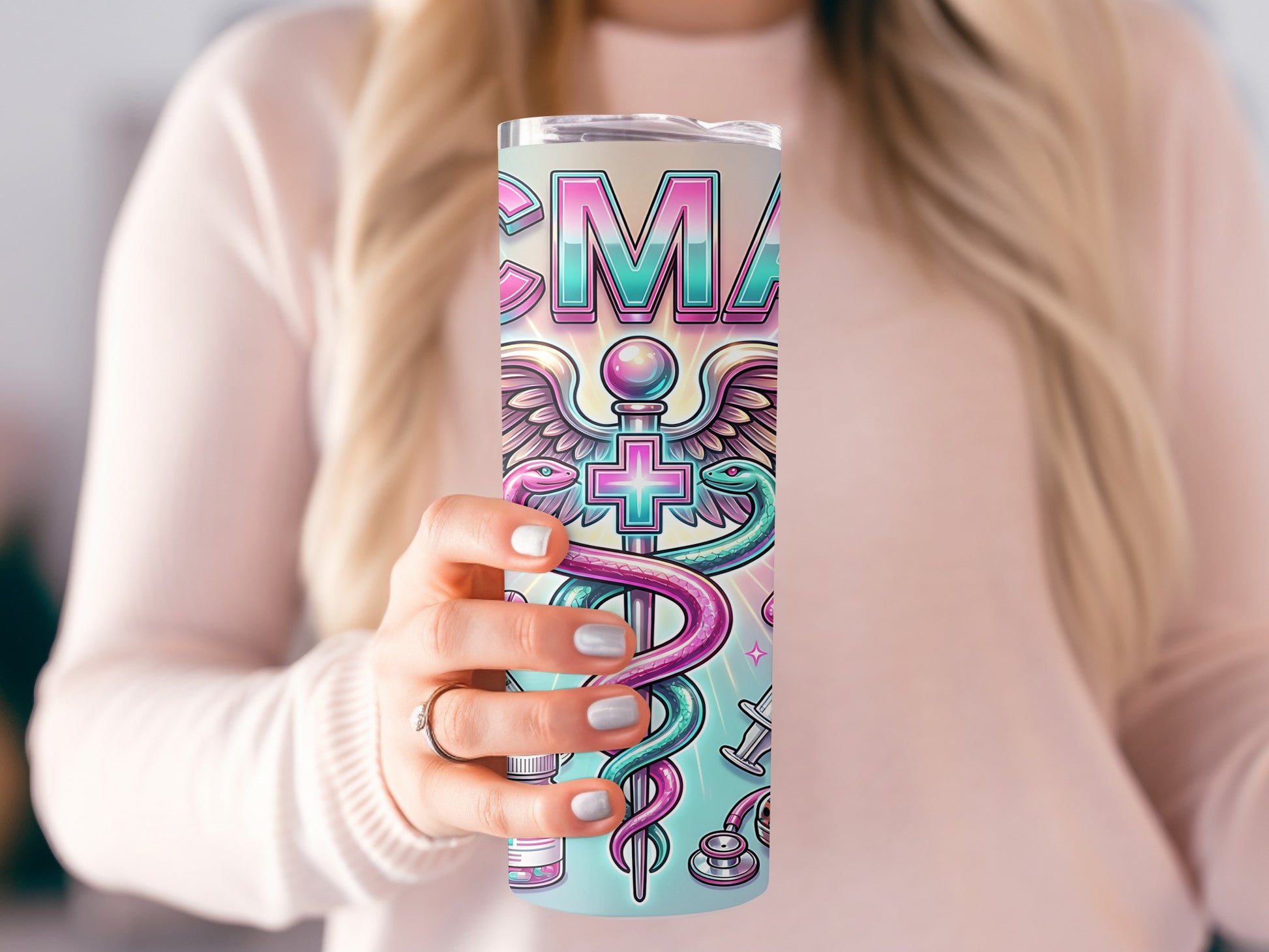 Tumbler with medical caduceus symbol and "CMA" text.