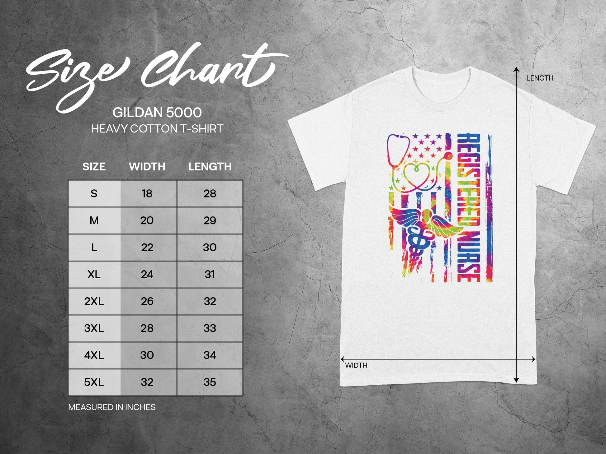 Gildan 5000 size chart for heavy cotton t-shirt with registered nurse graphic.