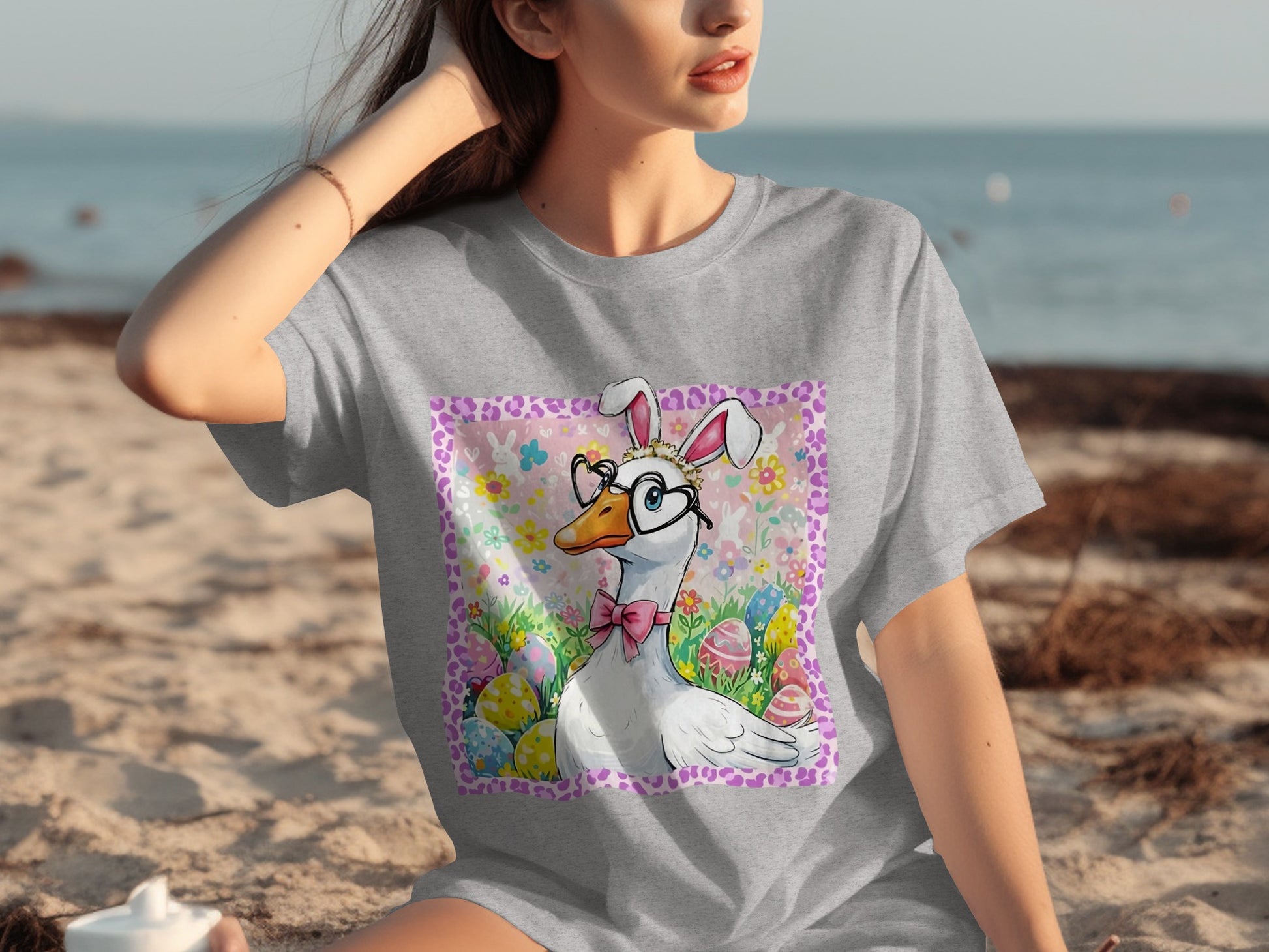 Cute Cartoon Goose with Bunny Ears Graphic T-shirt