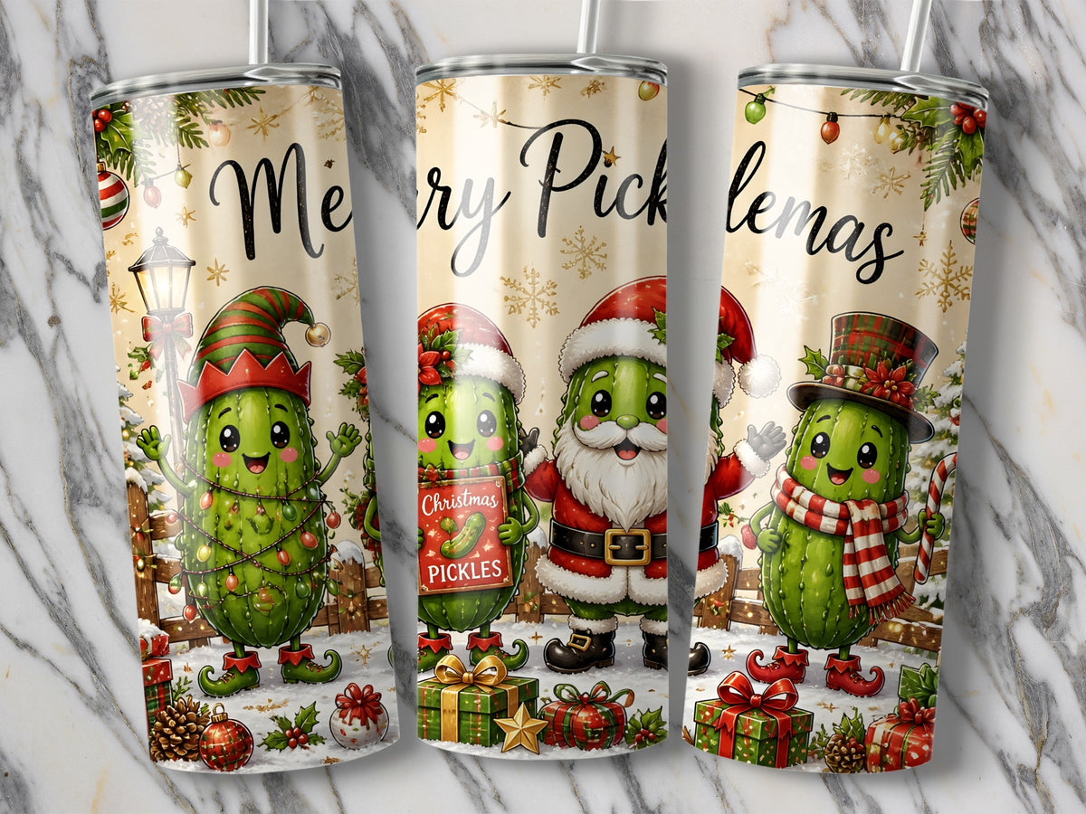 Three viewpoints of a stainless steel tumbler featuring a cartoon Christmas pickle design and the text Merry Picklemas.