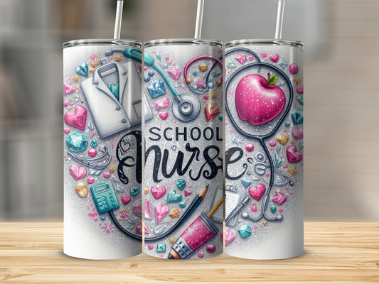 School Nurse tumbler with medical and school icons.