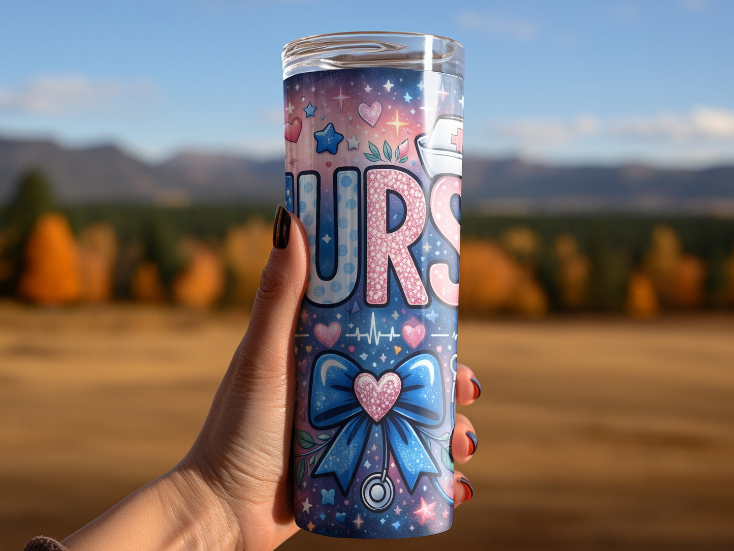 Nurse tumbler with bow, hearts, and stars on a blurred background.