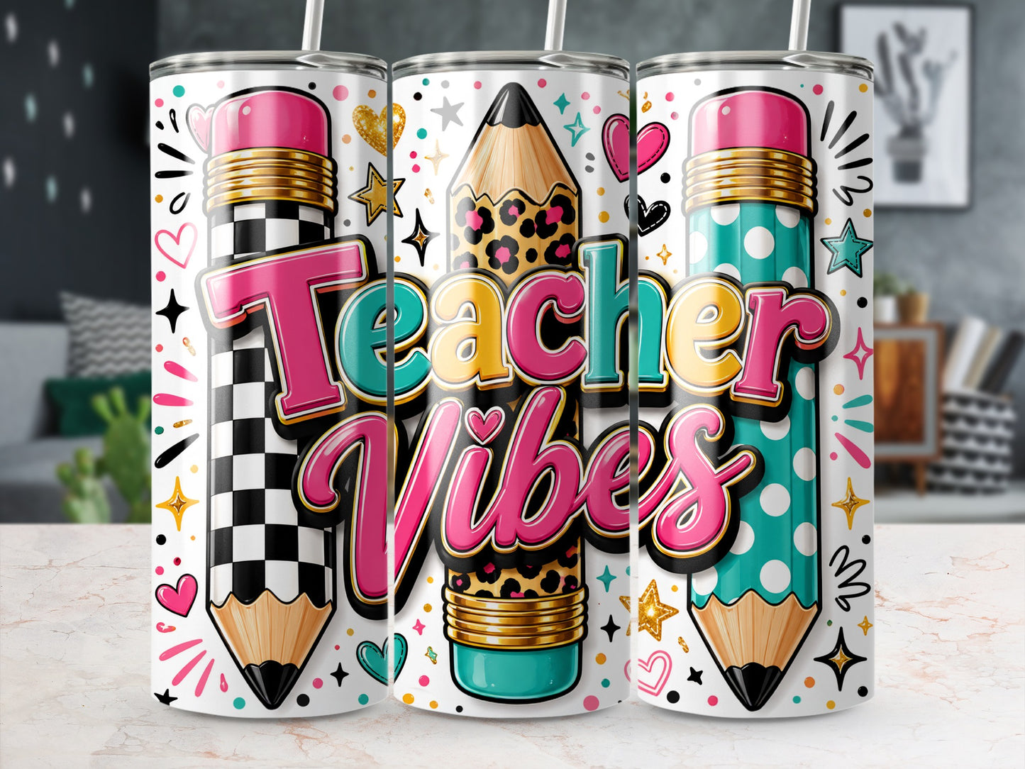 Tumbler with "Teacher Vibes" phrase, pencils, and colorful playful design elements.