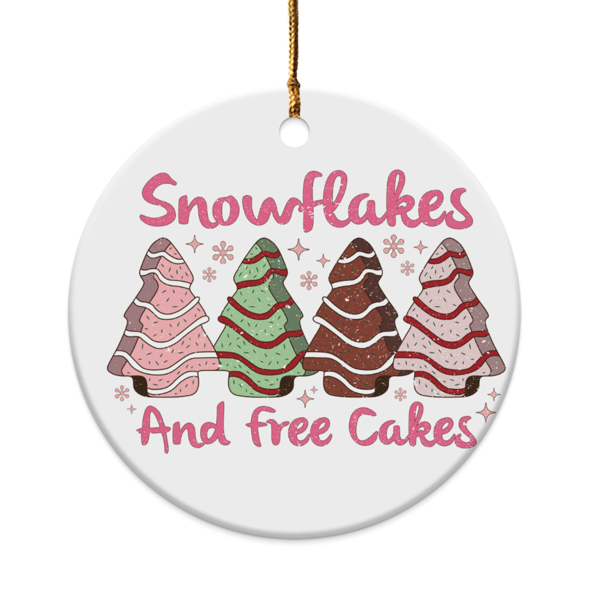 Ornament with "Snowflakes And free Cakes" text and four decorated gingerbread trees.