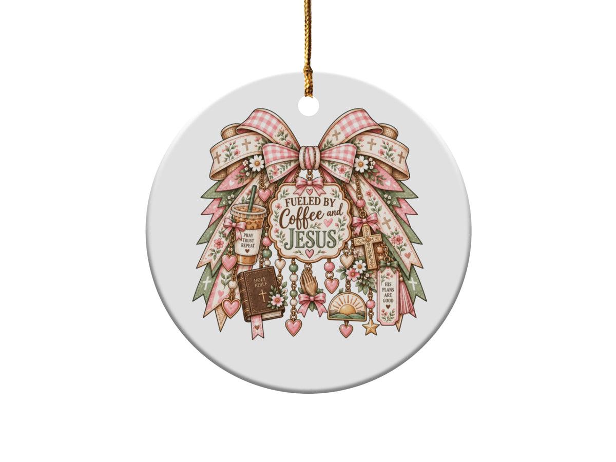 Ornament with "Fueled by Coffee and Jesus" text, Bible, and cross charms.