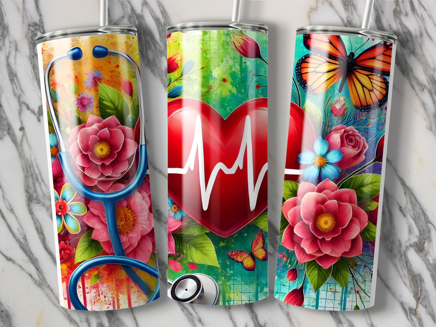 Three tumblers with floral and butterfly designs featuring a red heart and stethoscope.