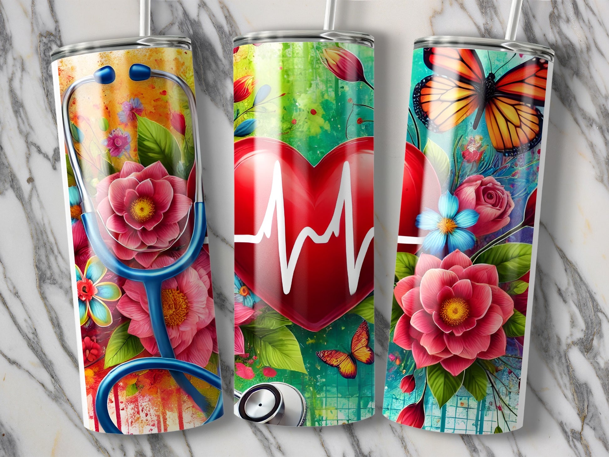 Three tumblers with floral and butterfly designs featuring a red heart and stethoscope.