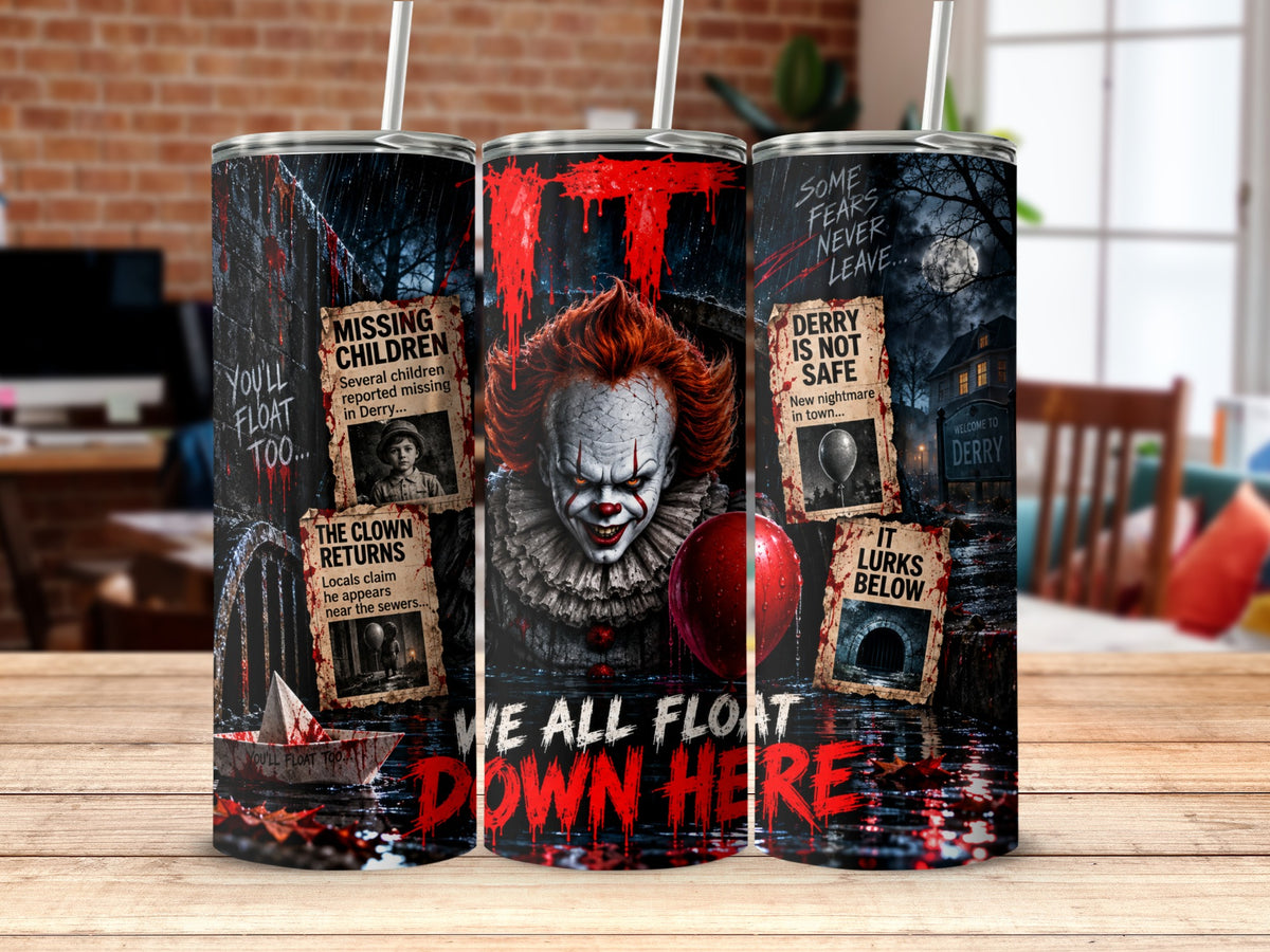 Three metal tumblers on a wooden table feature horror movie graphics of Pennywise the clown, missing posters, and red balloons.