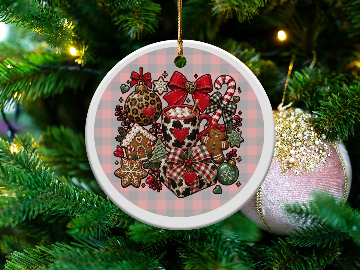 Christmas ornament with gingerbread, hot cocoa, candy canes, and plaid patterns.