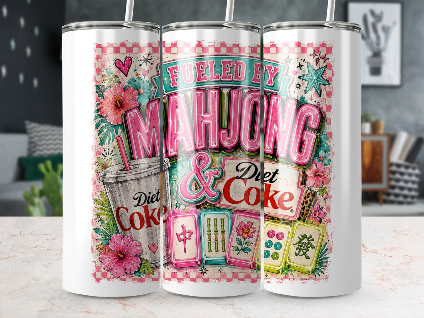 Tumber with "Fueled by Mahjong & Diet Coke" text and mahjong tiles.