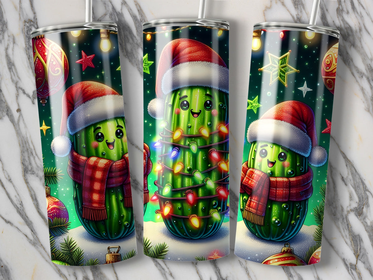 Three tumblers featuring cute, smiling holiday pickles wearing Santa hats against a festive green background.