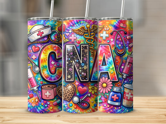 Tie-dye CNA tumbler with medical symbols and colorful background.