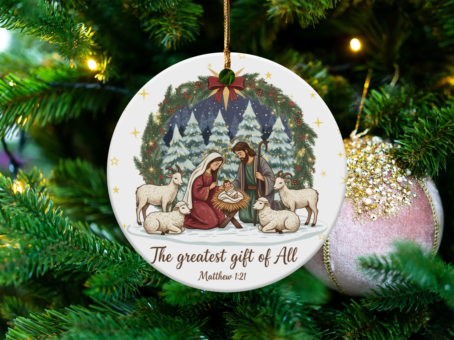 Christmas ornament depicting nativity scene, with text "The greatest gift of All, Matthew 1:21".