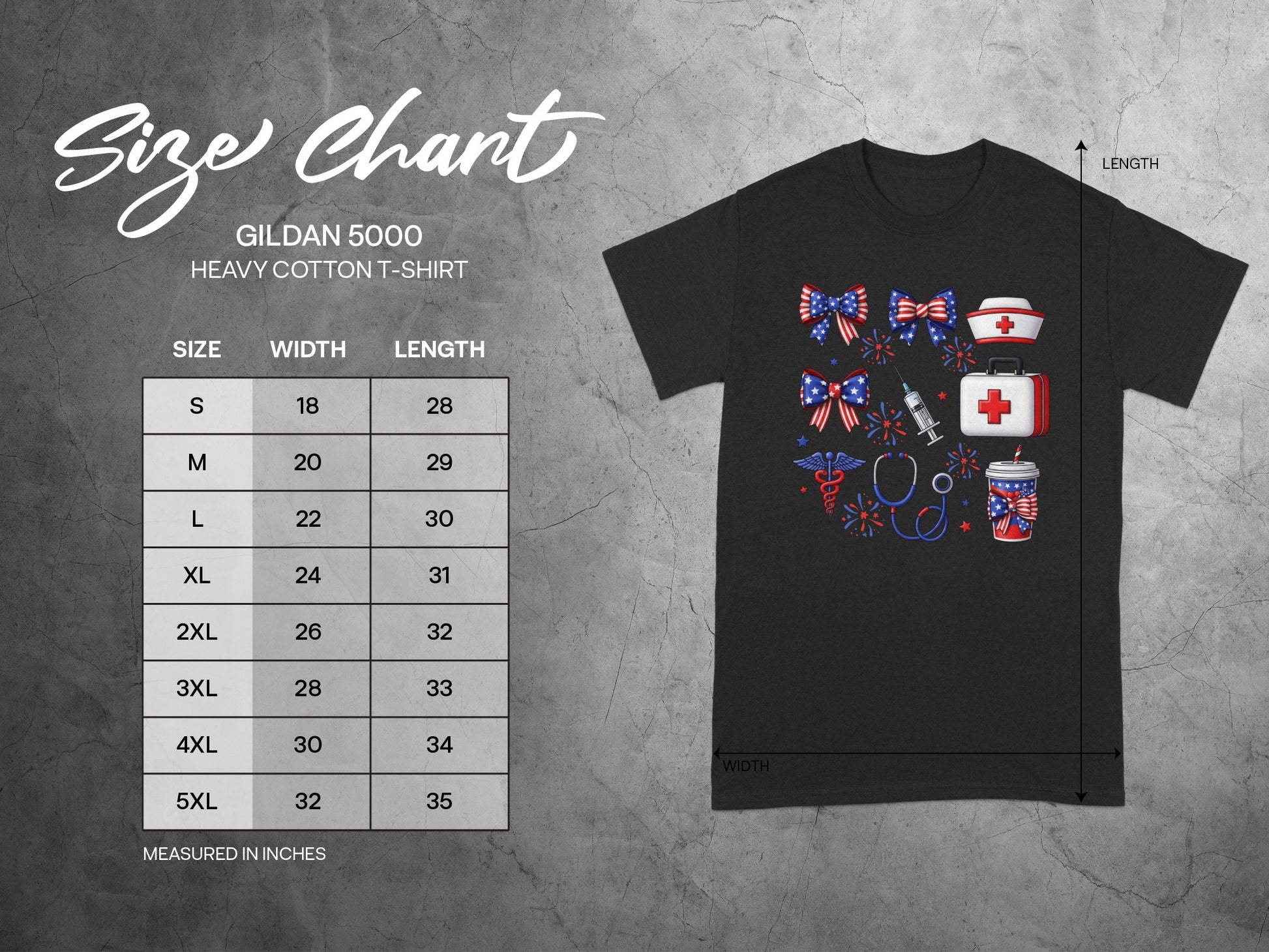 Gildan 5000 heavy cotton t-shirt size chart with measurements in inches.