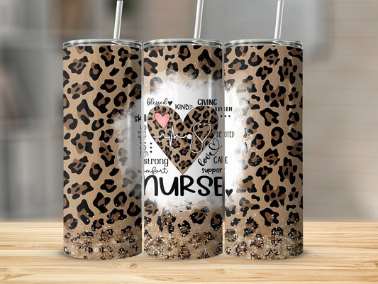 Leopard print tumbler with "NURSE" text and heart icon.