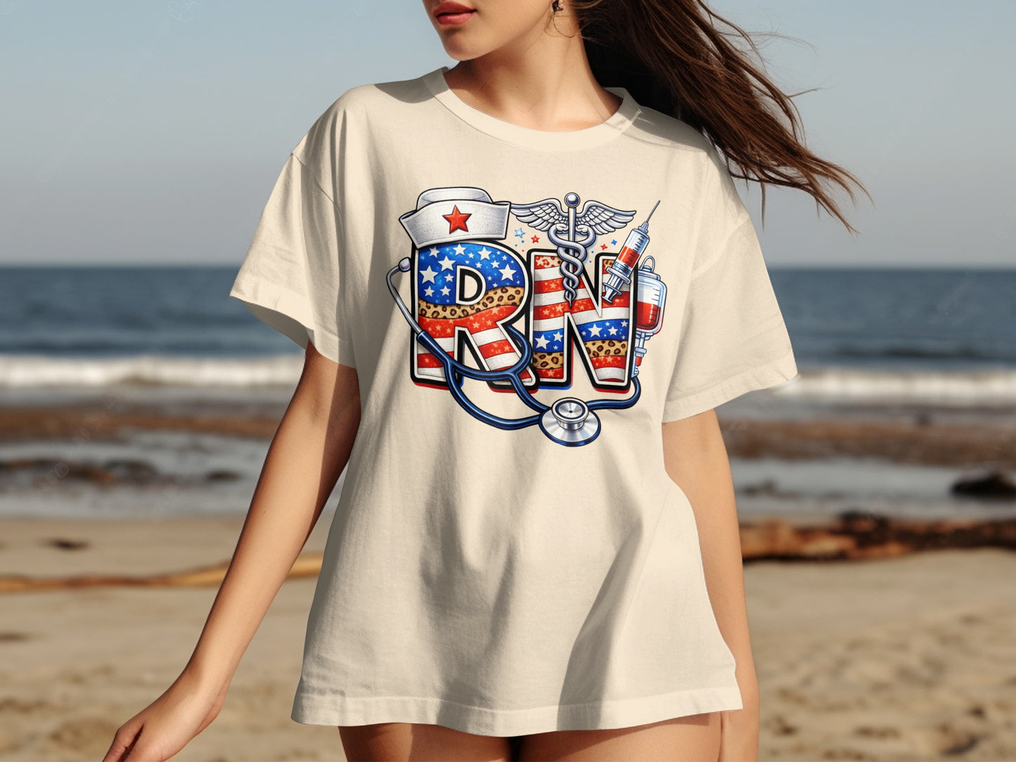 Cream t-shirt with "RN" graphic incorporating American flag, stethoscope, and medical symbols.