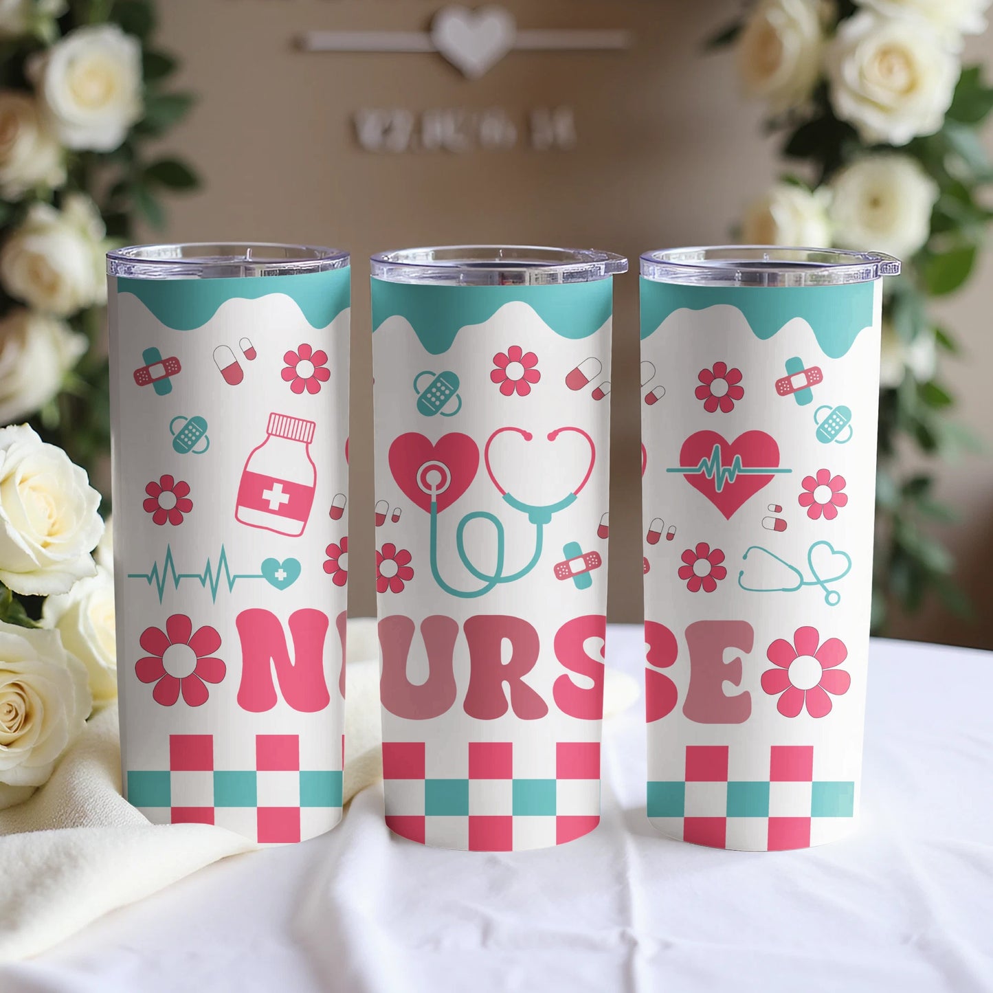 Three nurse-themed tumblers with floral and checkered patterns.