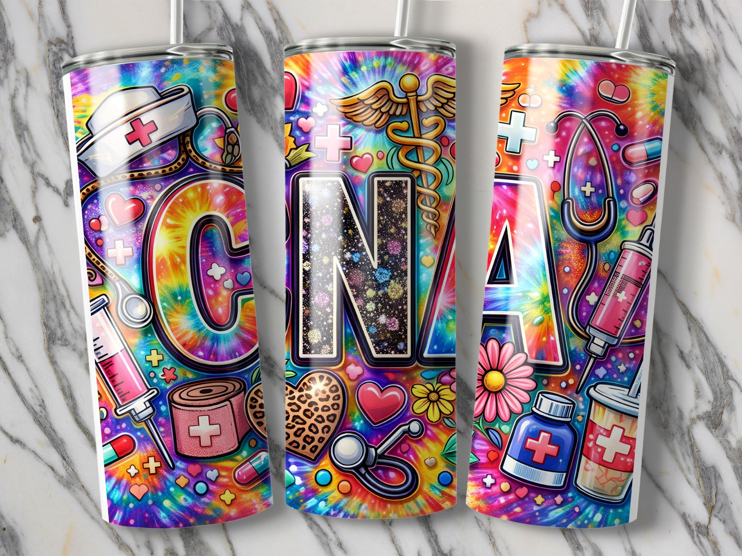 CNA tumbler with medical symbols and colorful tie-dye pattern.