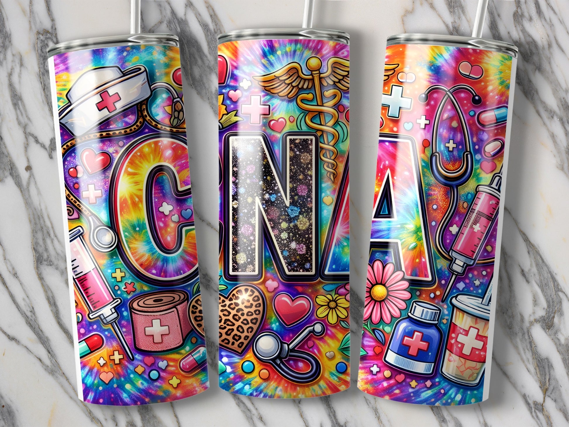 CNA tumbler with medical symbols and colorful tie-dye pattern.