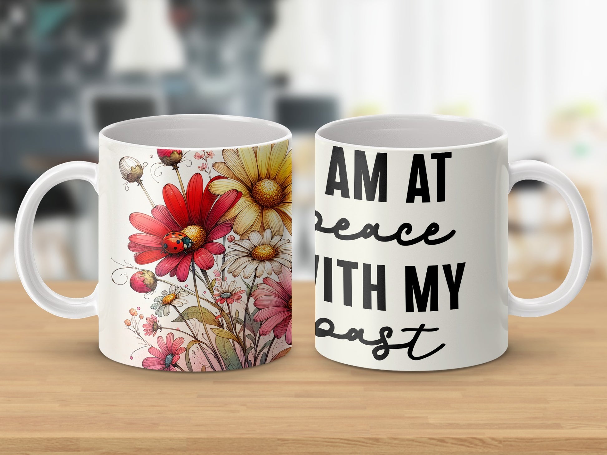 Colorful Floral Ladybug I AM AT peace WITH MY past product type
Mug
Coffee Mug
Tea Cup
Drinkware
Floral Art
Ladybug
Flower Print
Inspirational
Quote Mug
Positive Vibe
Peace Past
Gift Item
Home Decor
Kitchenware
Daisy Design
Red Flower
Yellow Flower
White Ceramic
Unique Gift
Serenity Quote