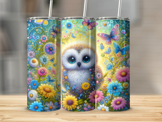 Owl on a colorful floral background with butterflies.