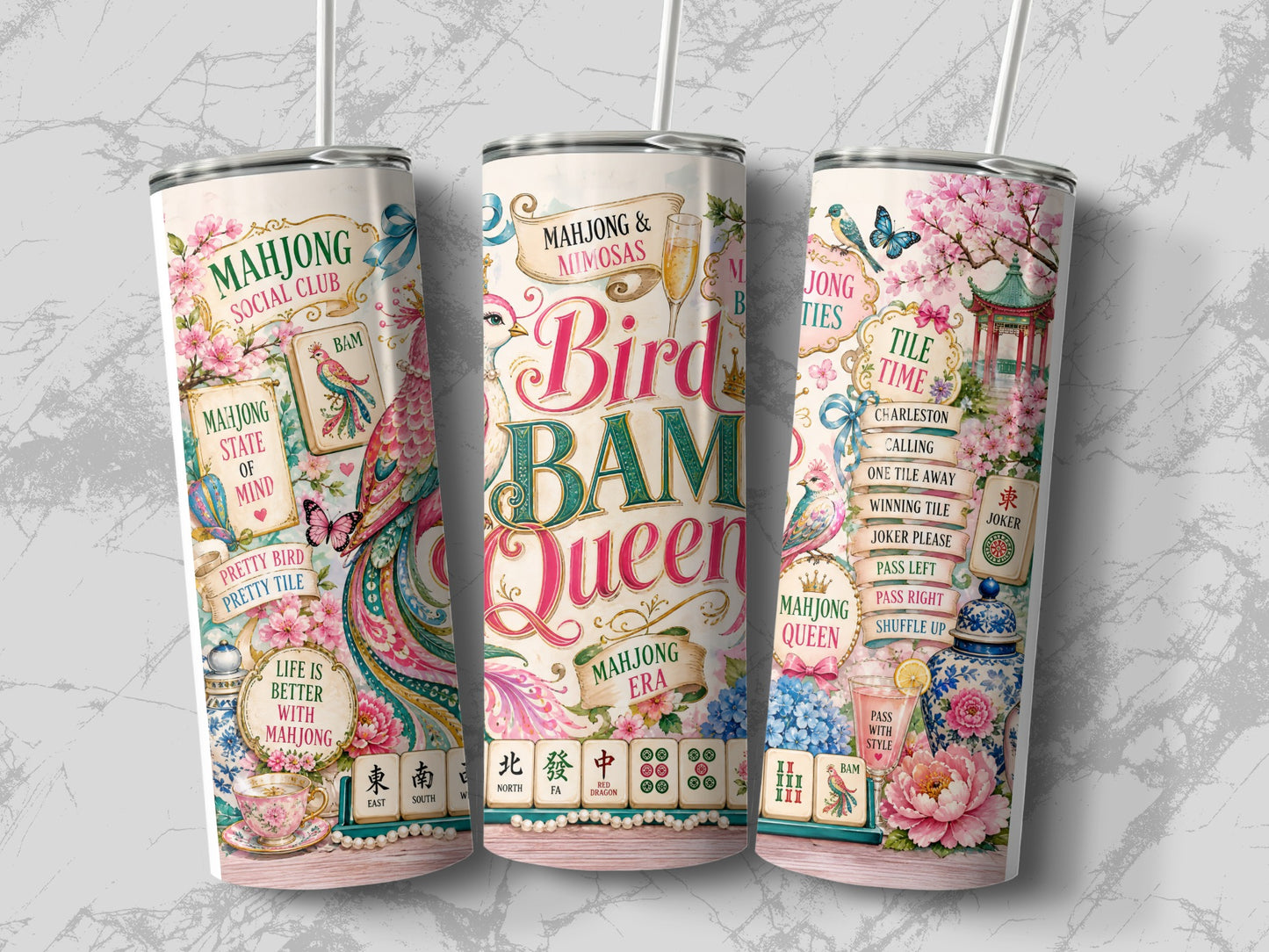 Three tumblers with mahjong and bird designs and text including "Bird Bam Queen."