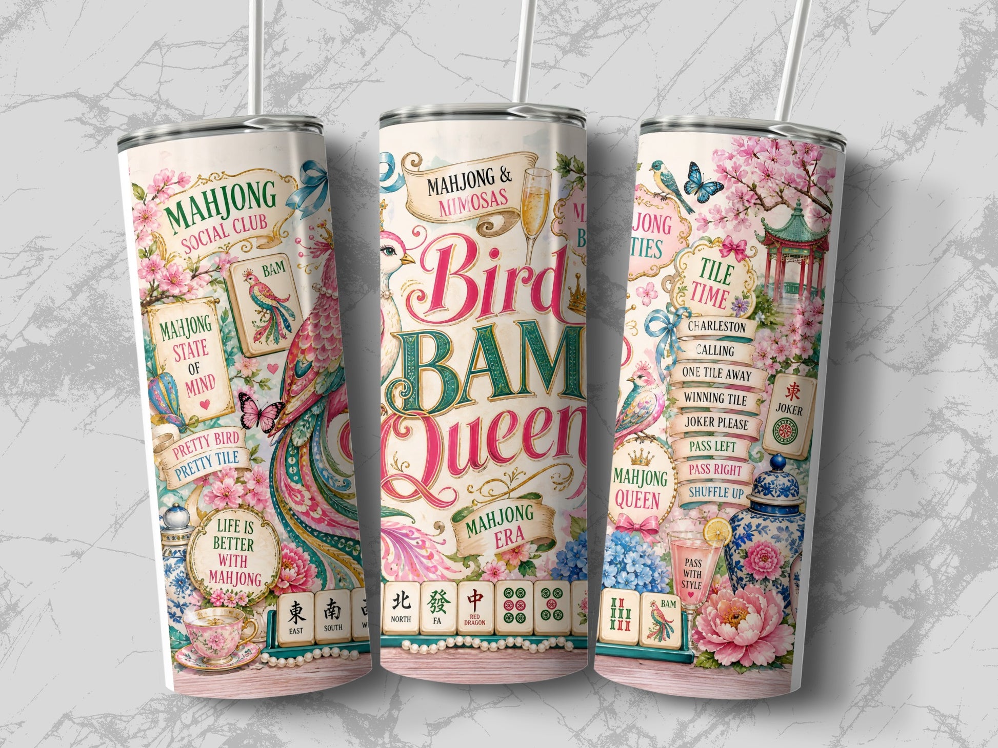 Three tumblers with mahjong and bird designs and text including "Bird Bam Queen."