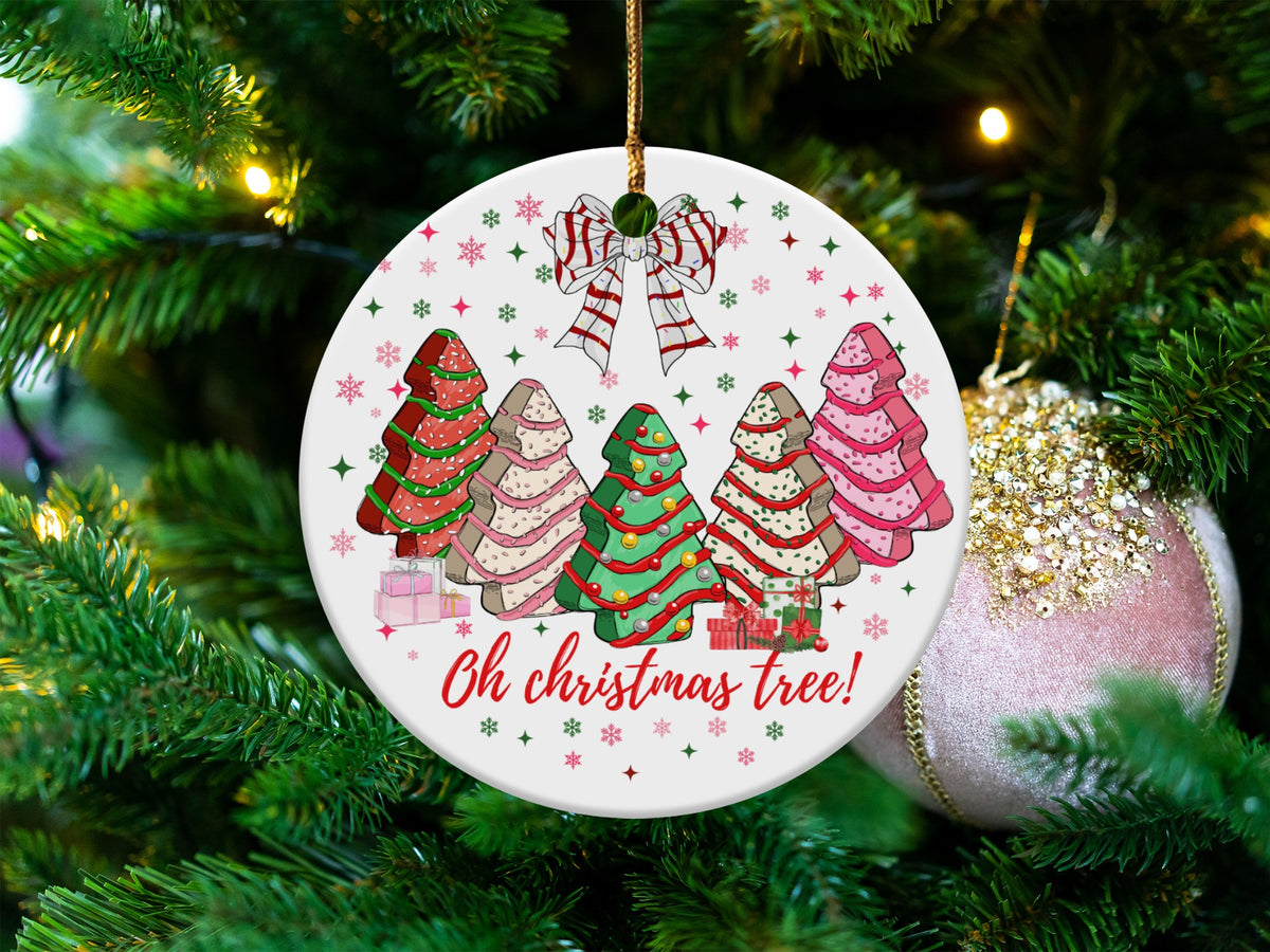 Round Christmas ornament with decorated trees and text "Oh christmas tree!".