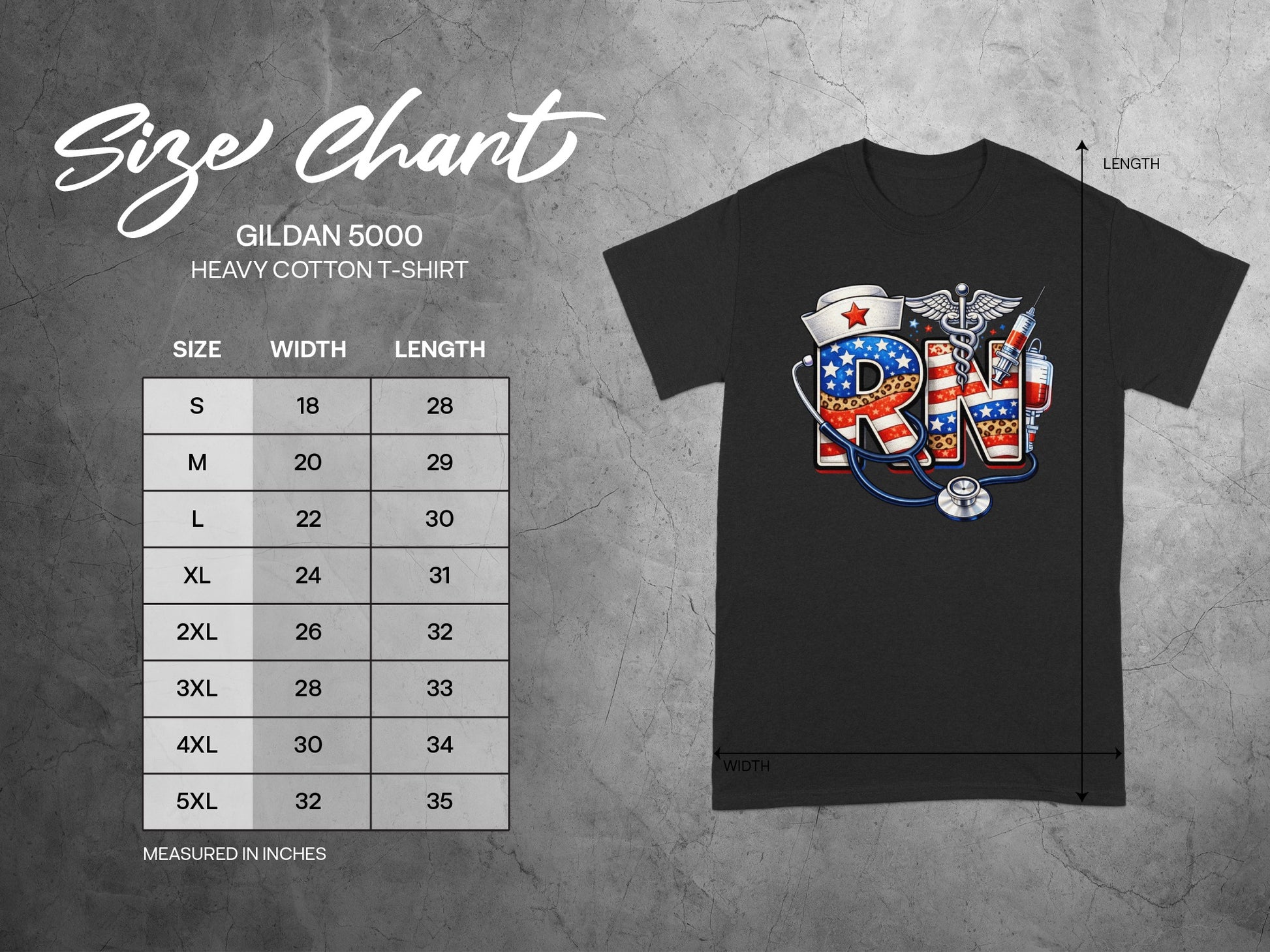 Gildan 5000 Heavy Cotton t-shirt size chart showing width and length measurements.