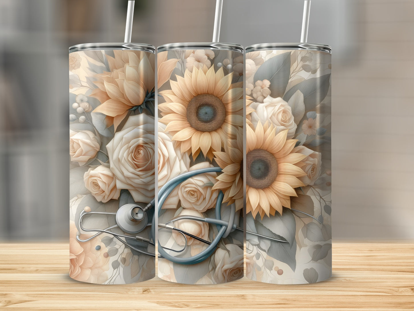 Floral tumbler with sunflowers, roses, and stethoscope.