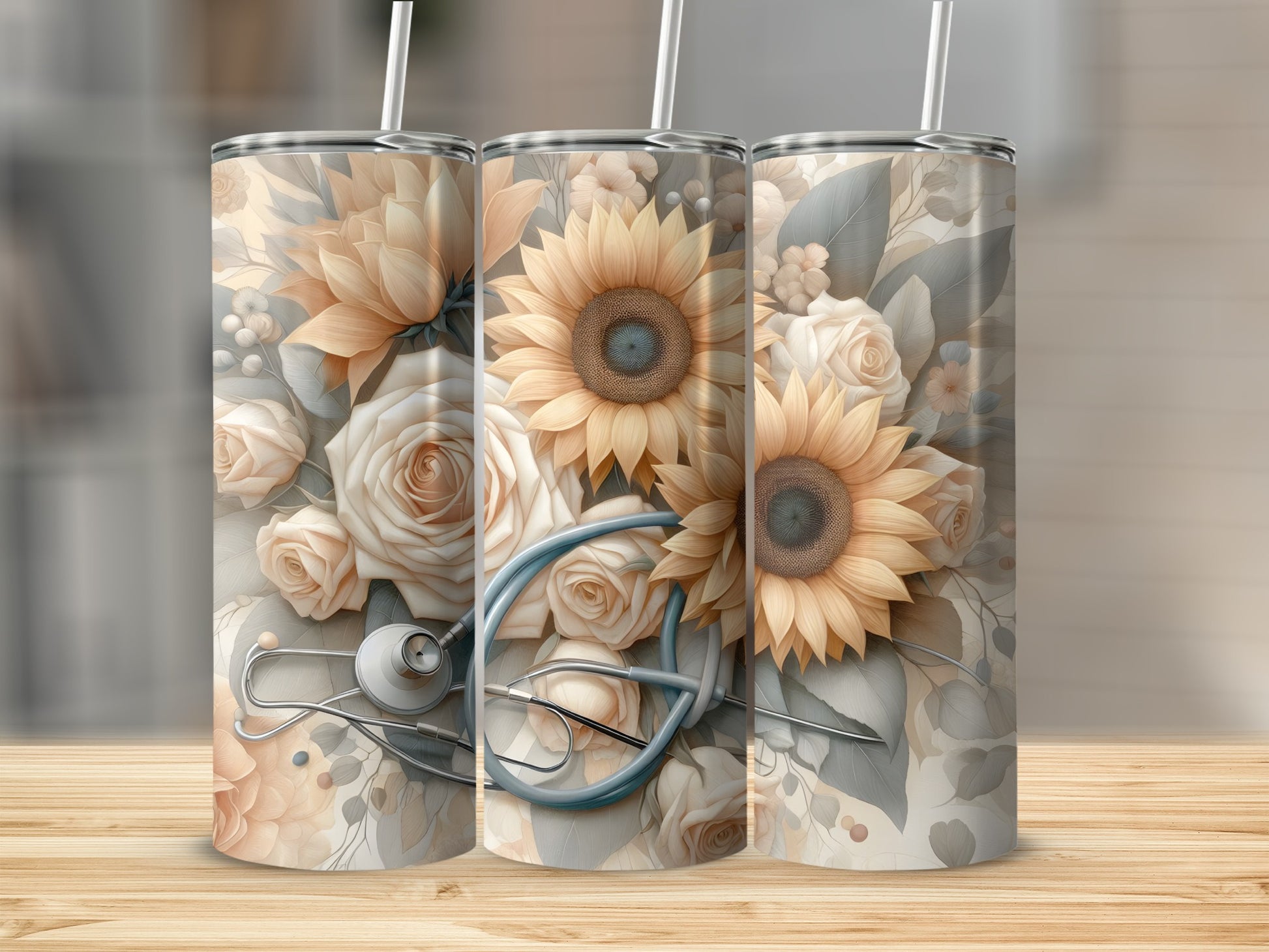 Floral tumbler with sunflowers, roses, and stethoscope.