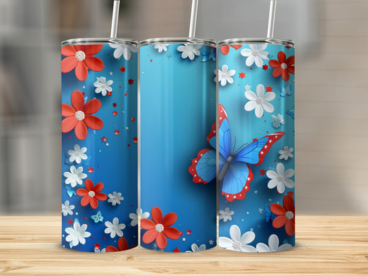 Three tumblers with red, white, and blue floral and butterfly designs.