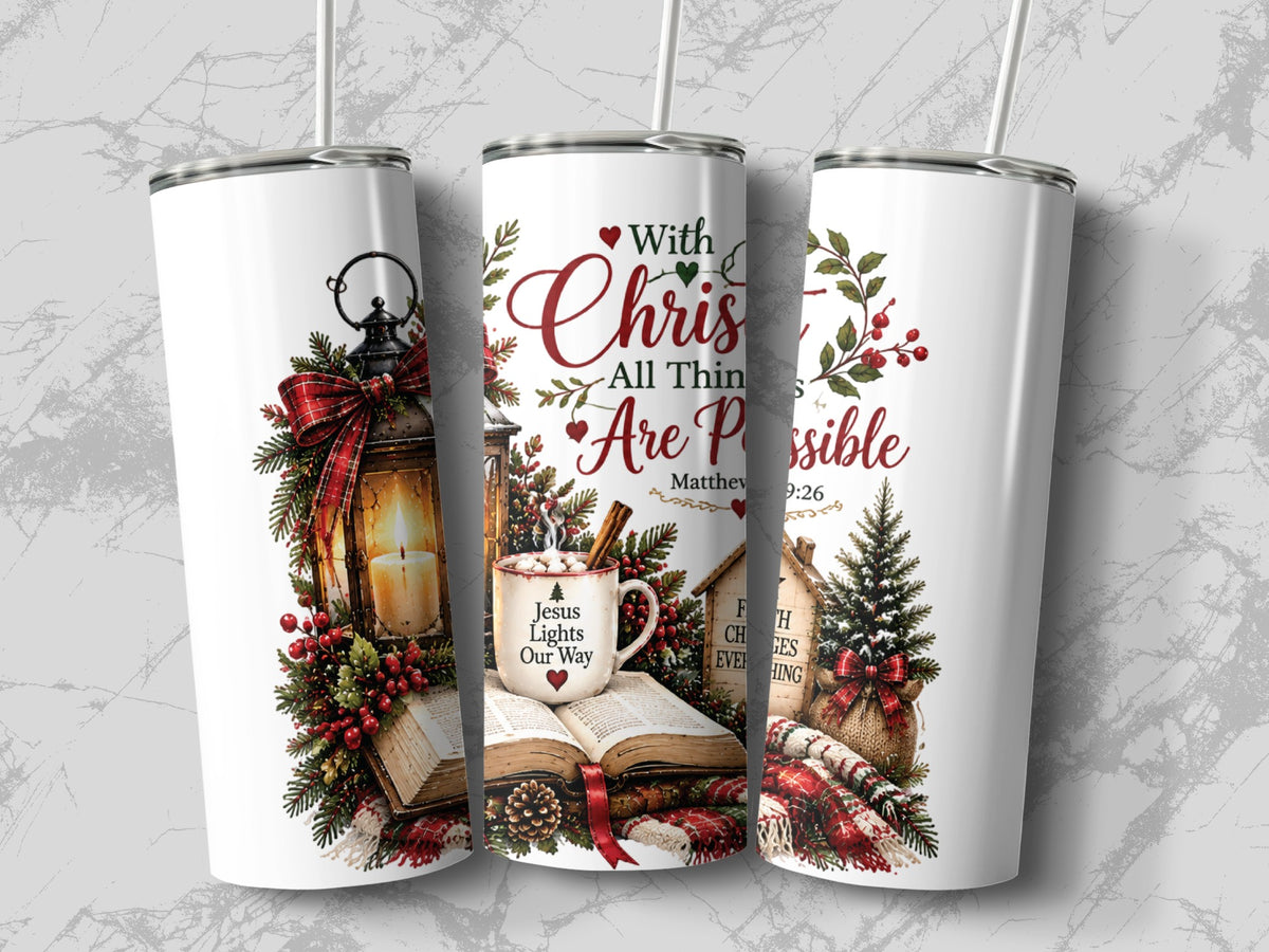 Three white tumblers with straws display a Christmas design featuring a lantern, an open book, a mug, and festive text.