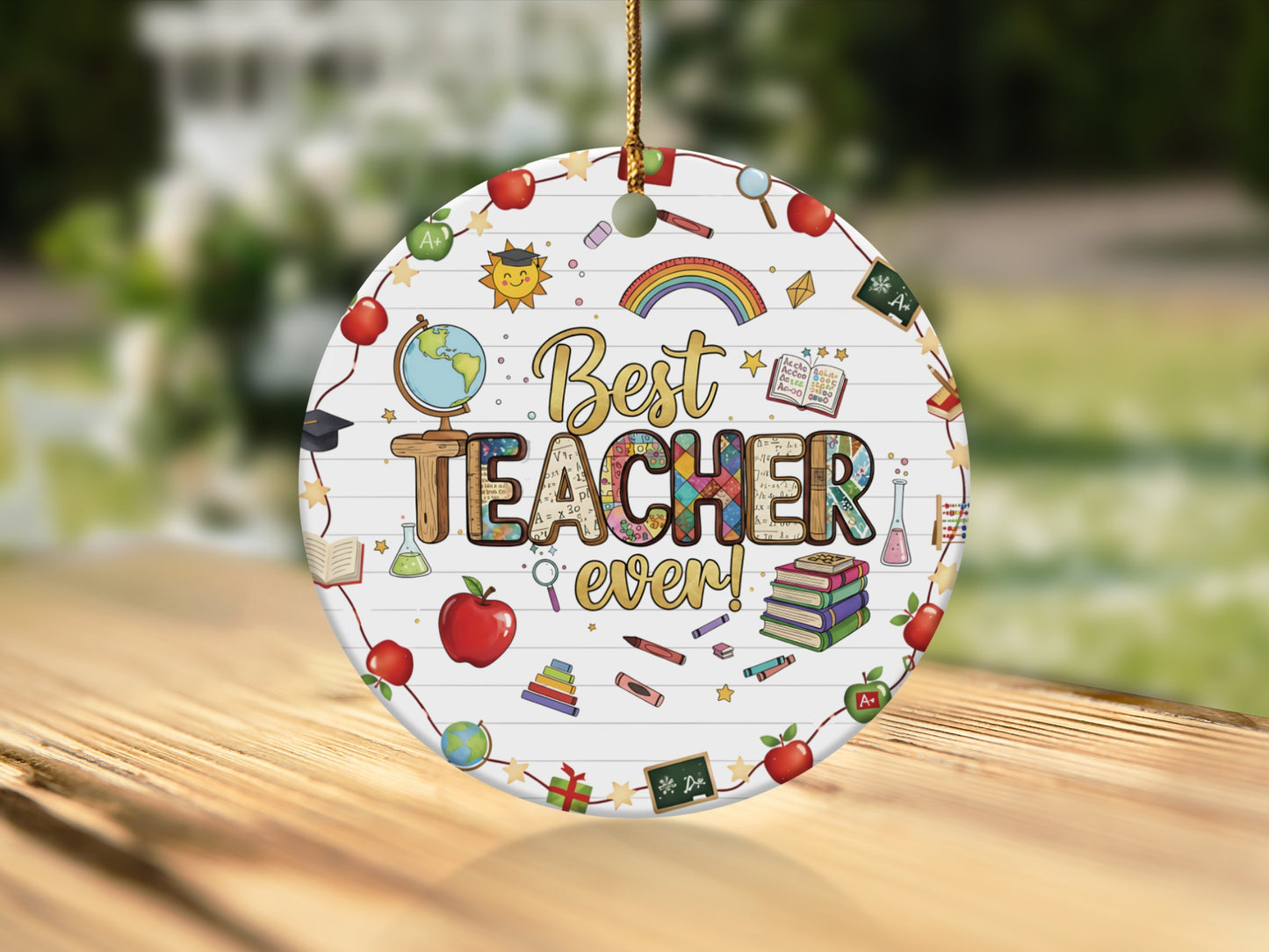 Round ornament with "Best TEACHER ever!" text and school-themed icons.