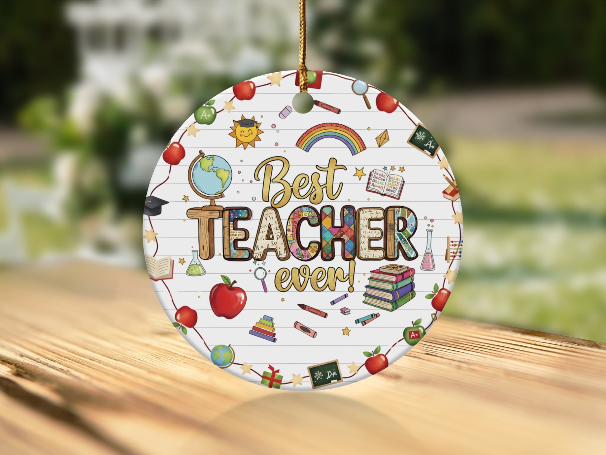 Round ornament with "Best TEACHER ever!" text and school-themed icons.