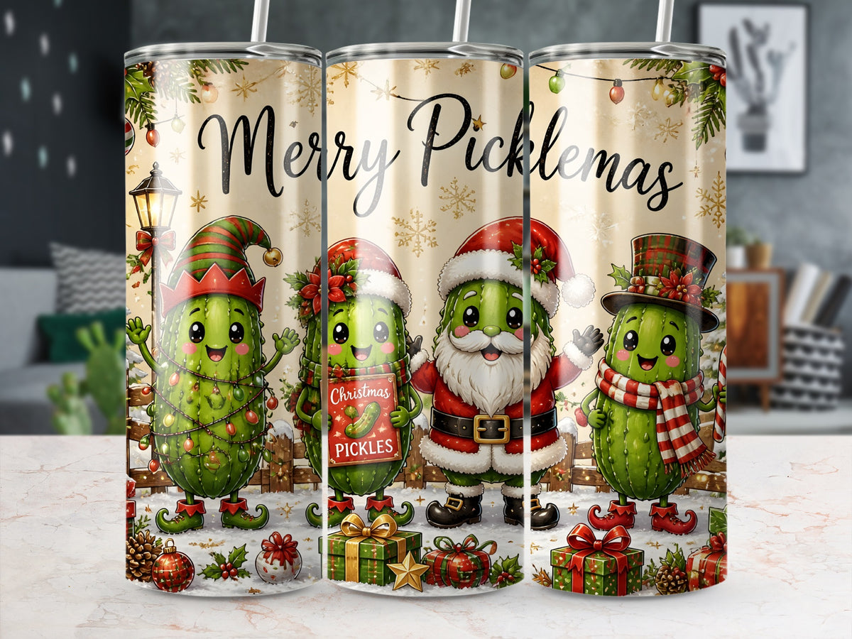 Three matching tall tumblers featuring a festive Merry Picklemas design with cute cartoon pickles in Christmas costumes.
