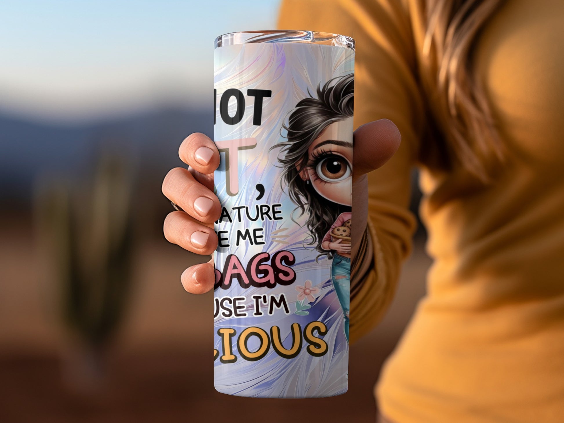 Tumbler with cartoon girl and text "NOT YOUR AVERAGE BAGS BECAUSE I'M SERIOUS".