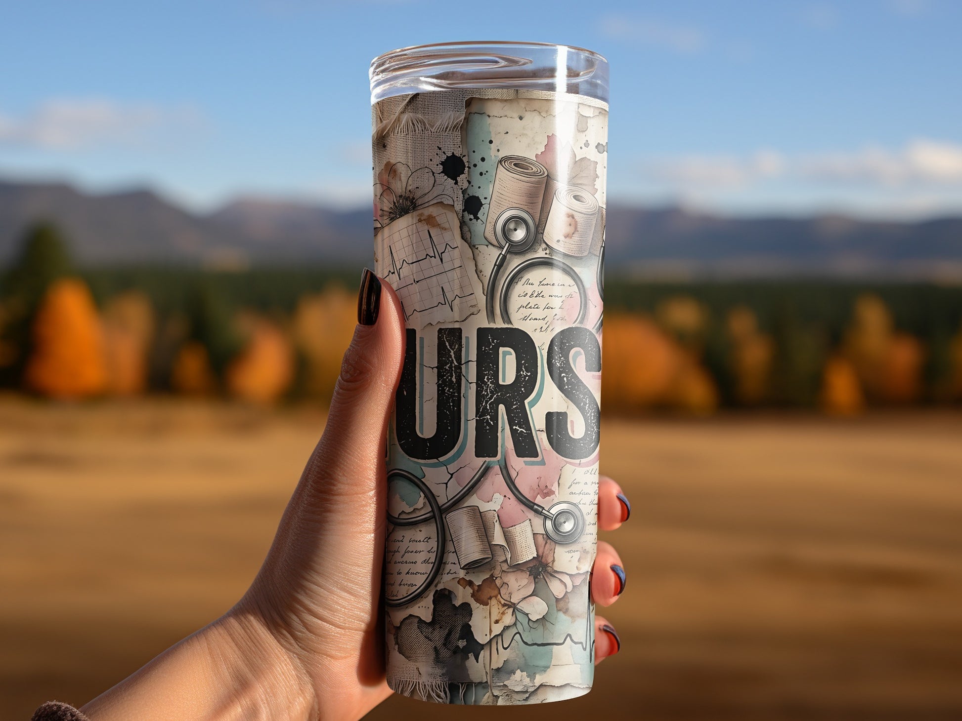 Tumbler with "NURS" text and medical-themed collage on a blurred background.