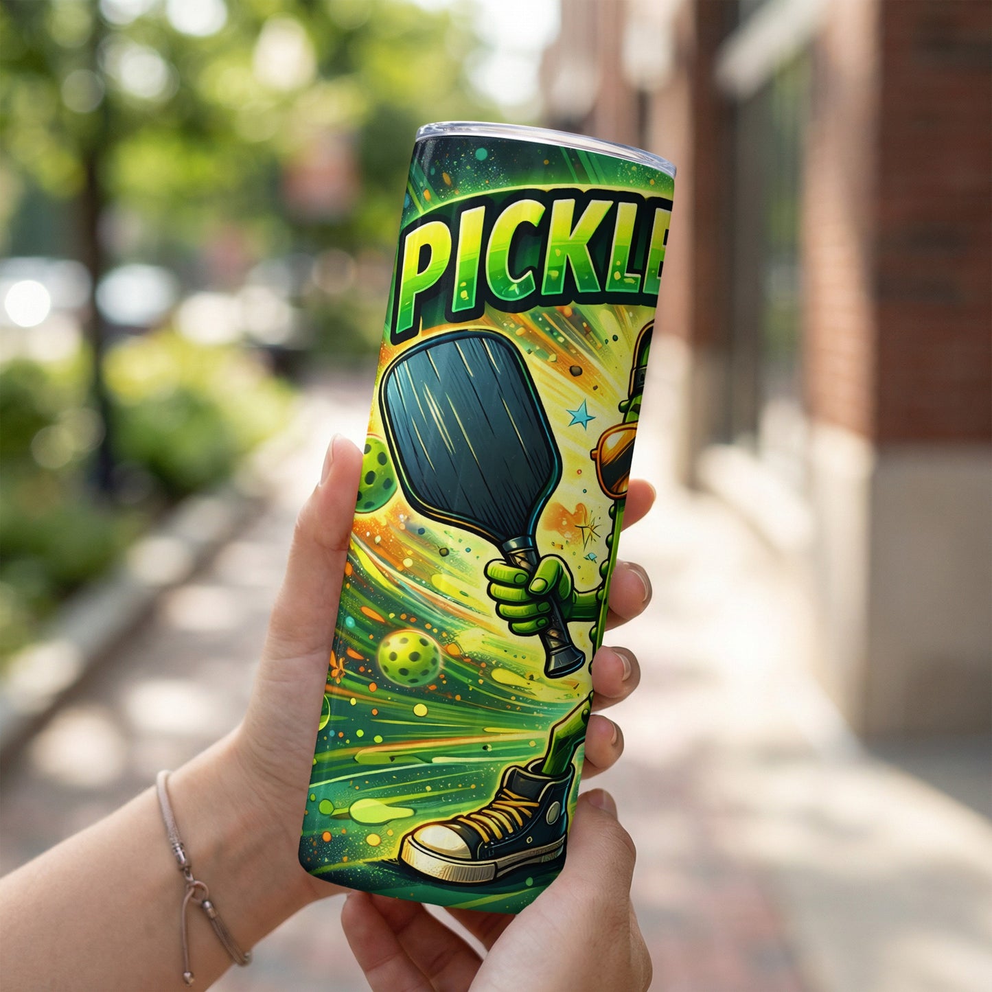 Green pickle character with pickleball paddle and ball on a tumbler.